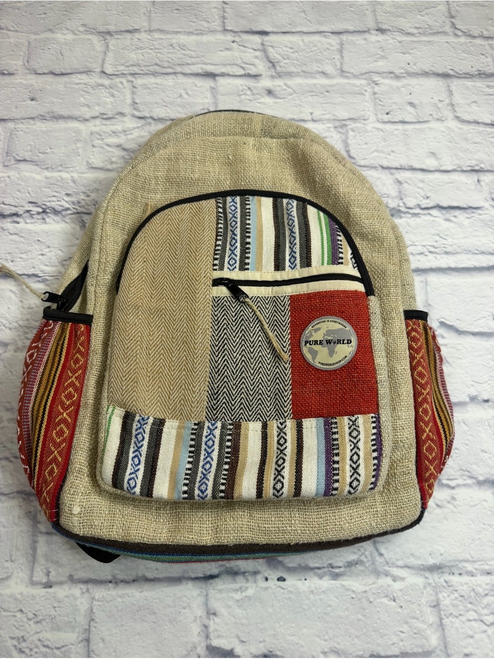 Pure World Multicolor Hemp Patchwork Backpack - Natural & Red
